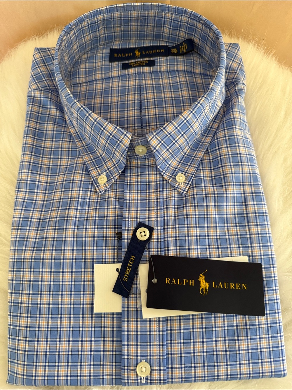 Ralph Lauren XXL Blue and White Plaid Stretch Button-Down Shirt